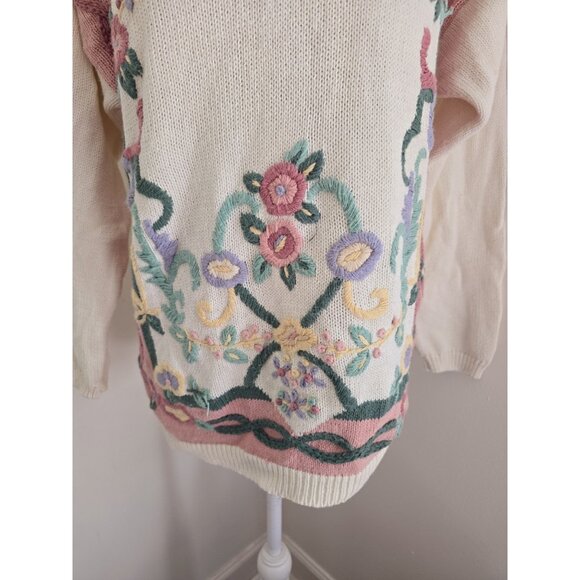 Russ Studio Floral Knit Cotton Cottagecore V-Neck Vintage 80s 90s Sweater M - Picture 3 of 11